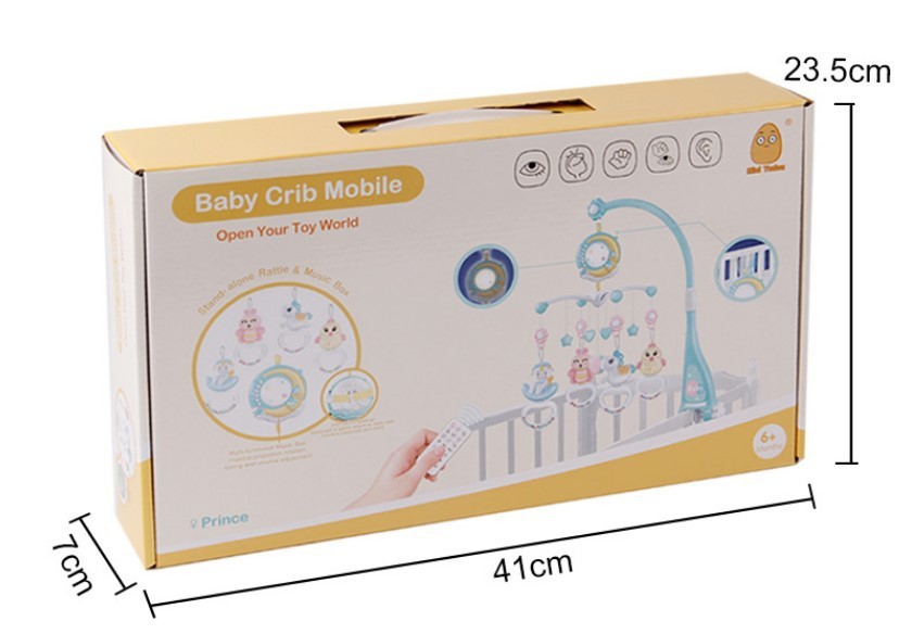 Infant soothing mobile with remote control hanging on baby crib for calming and entertainment