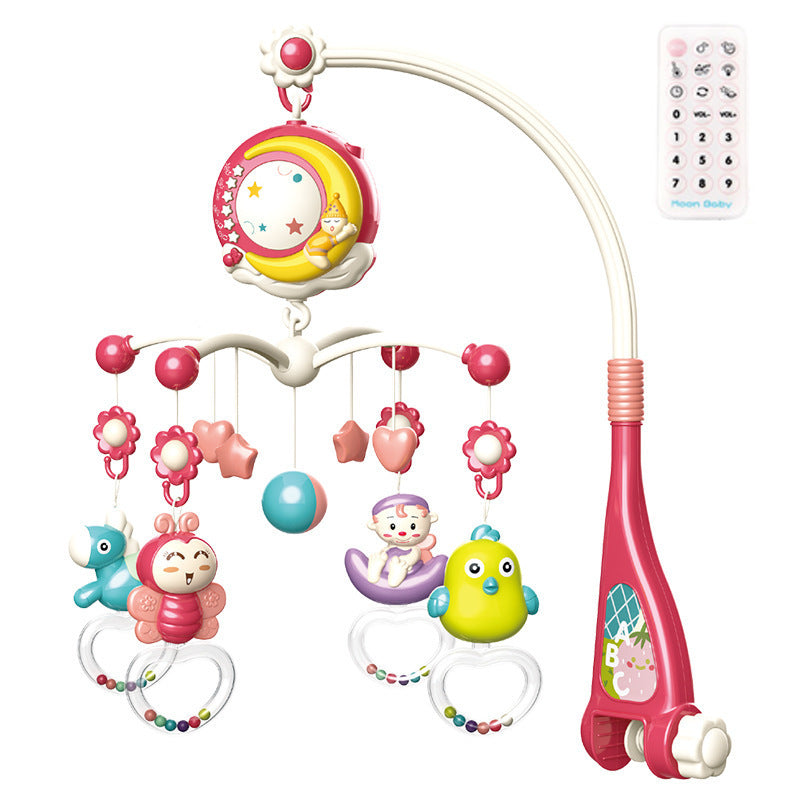 Infant soothing mobile with remote featuring colorful hanging toys and moon design for baby care