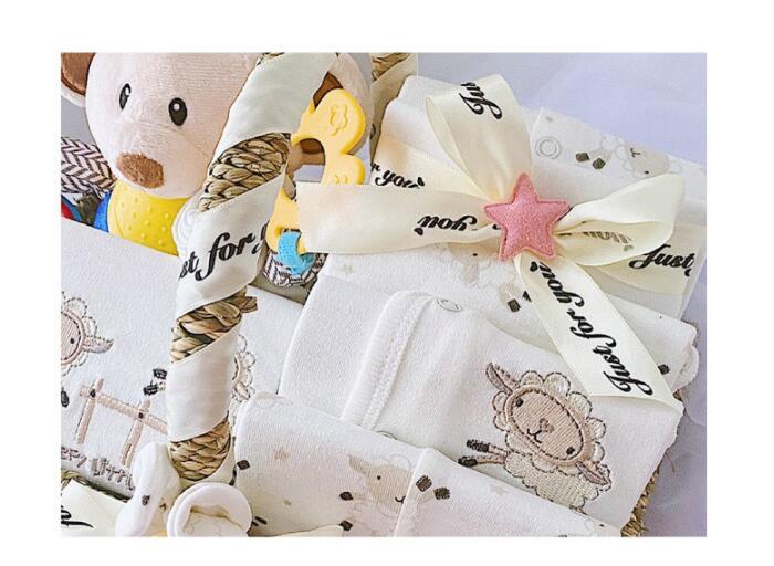 Newborn baby boy gift set with soft toys, embroidered baby blankets, and cozy essentials in a decorative gift box