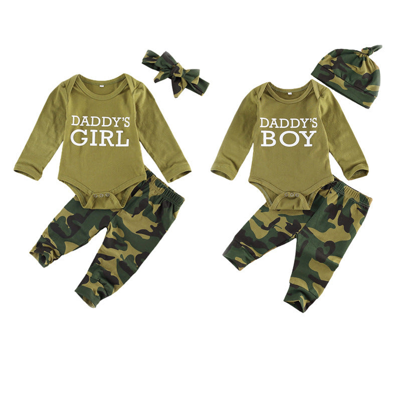 Newborn camo matching set with Daddy's Girl and Daddy's Boy bodysuits, camo pants, hat, and headband