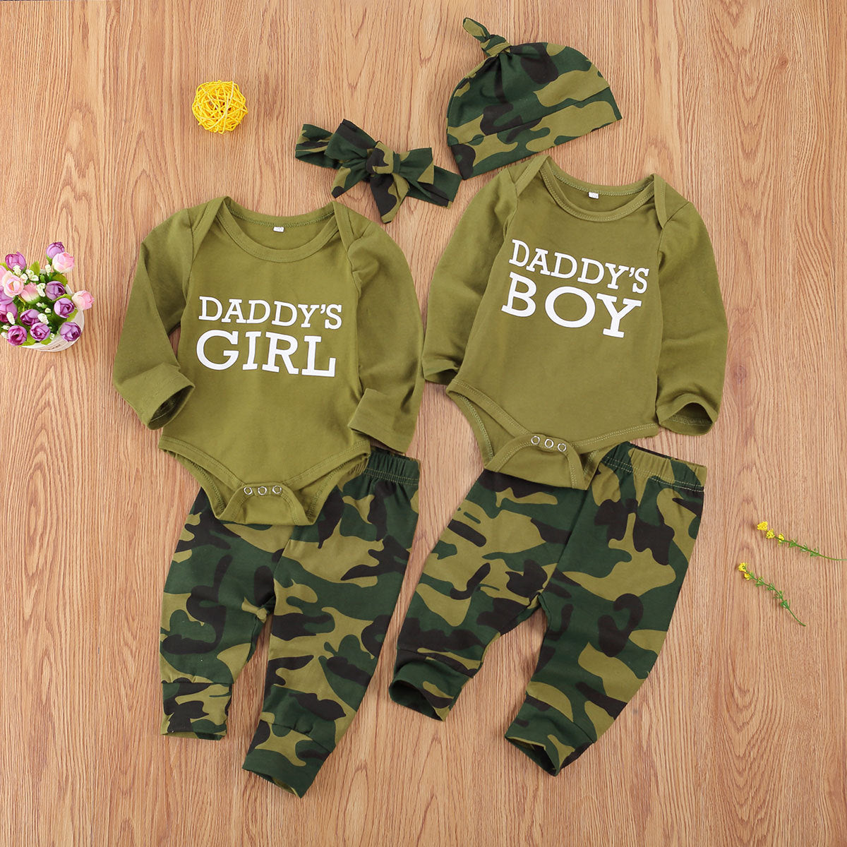 Newborn camo matching set with Daddy's Girl and Daddy's Boy green tops and camouflage pants