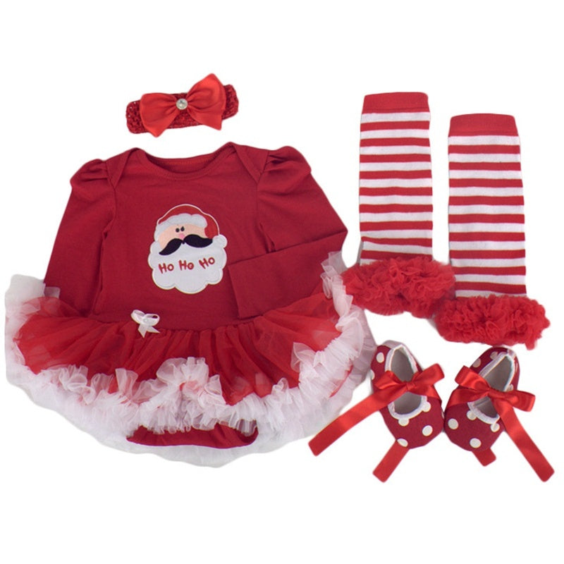 Red newborn Christmas outfit set with Santa bodysuit, tutu skirt, striped leg warmers, headband, and polka dot shoes