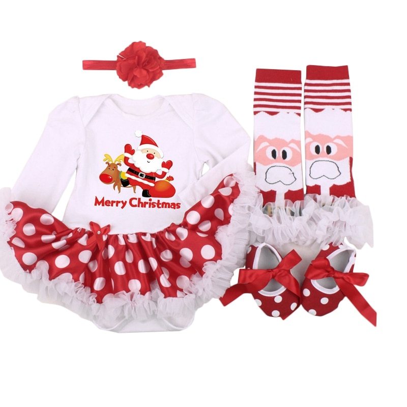 Newborn Christmas outfit set with Santa bodysuit, red polka dot tutu skirt, headband, socks, and matching shoes
