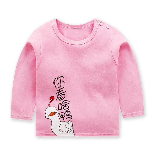 Pink toddler sweater top with long sleeves and a cute cartoon duck design with Chinese characters