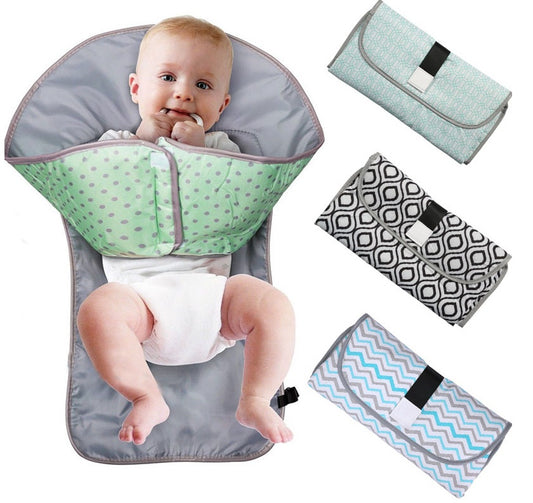 Portable baby changing pad with soft fabric, foldable for travel, shown with baby and three color patterns