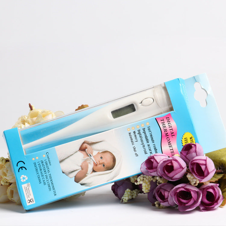 Reliable fever thermometer for babies in blue packaging with digital display and baby image