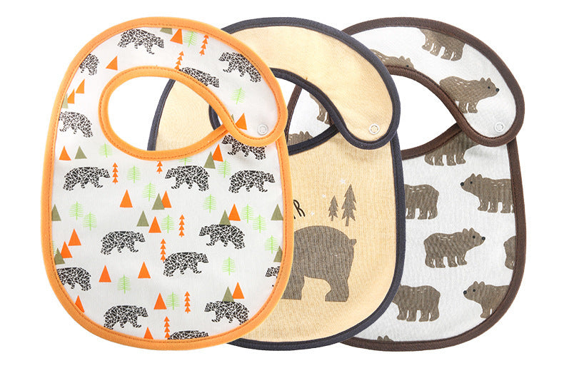Soft cotton baby bibs set with animal and nature prints in orange beige and brown trim