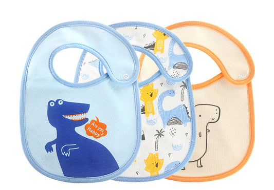 Soft cotton baby bibs set with dinosaur and animal prints in blue and orange trim