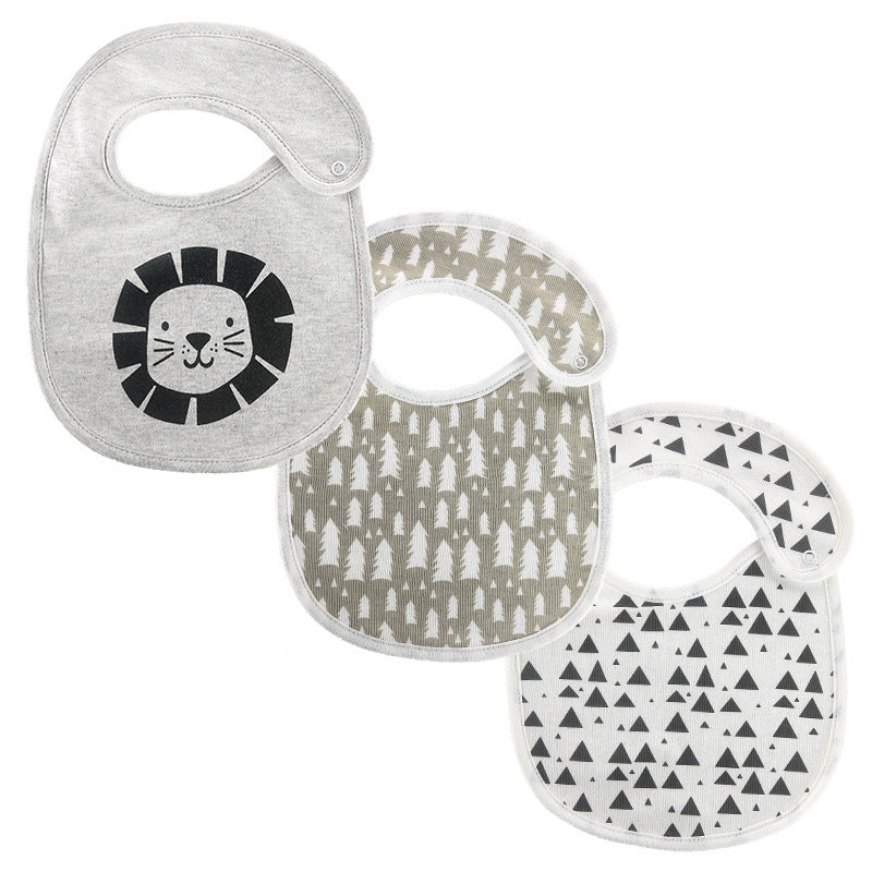 Soft cotton baby bibs set with gray lion design and neutral tree and triangle patterns