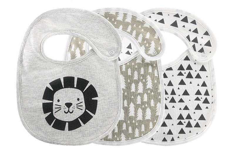 Set of three soft cotton baby bibs set with lion, tree, and triangle patterns for infants