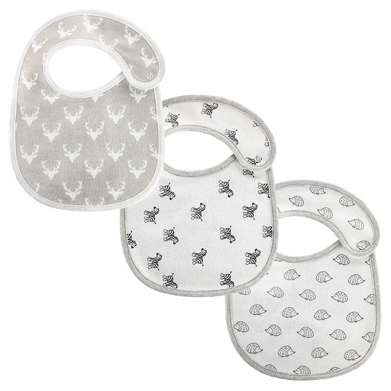 Soft cotton baby bibs set with neutral animal and nature prints in gray and white colors