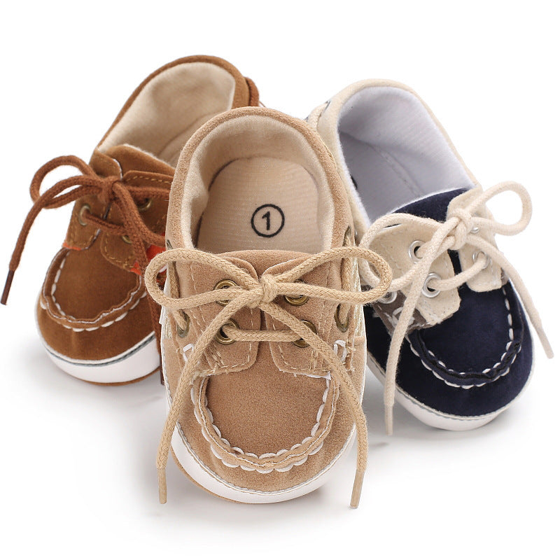 Soft sole toddler shoes in brown beige and navy with laces for comfortable early walking