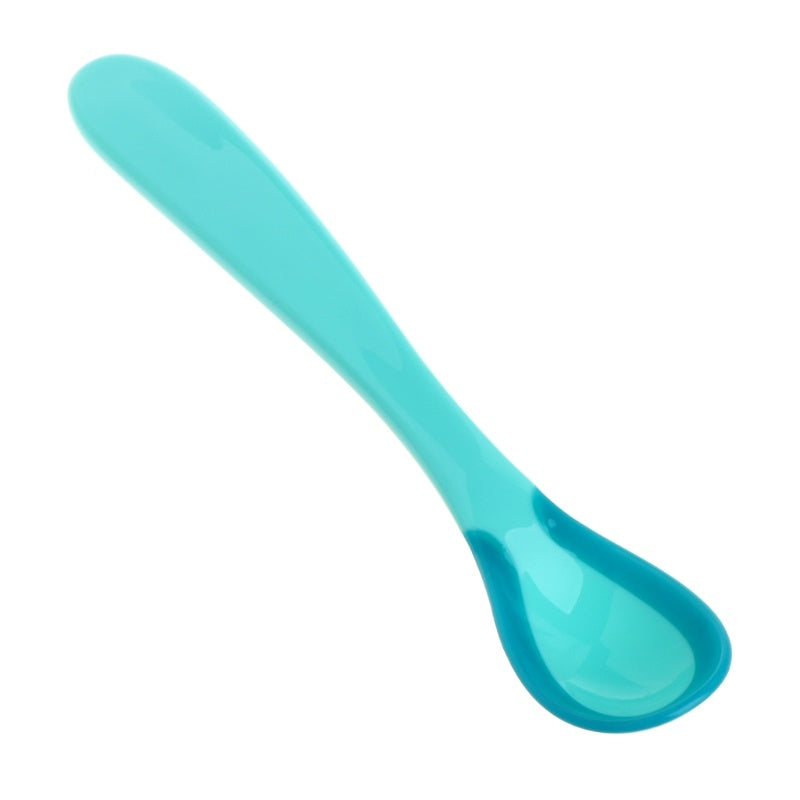 Blue soft tip spoon for babies with a curved handle for easy feeding