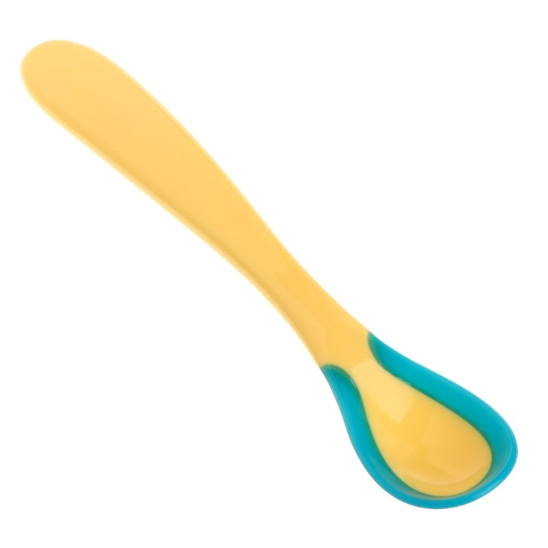 Yellow and blue soft tip spoon for babies designed for safe and gentle feeding