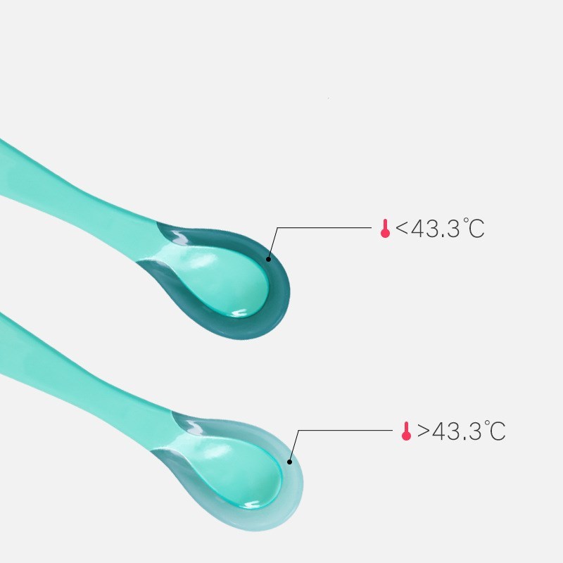 Blue soft tip spoon for babies showing color change temperature indicator at 43.3 degrees Celsius