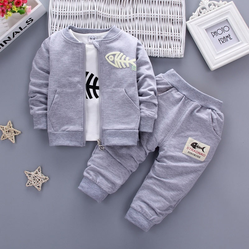 Gray toddler casual tracksuit with fish graphic on jacket and matching pants set for kids