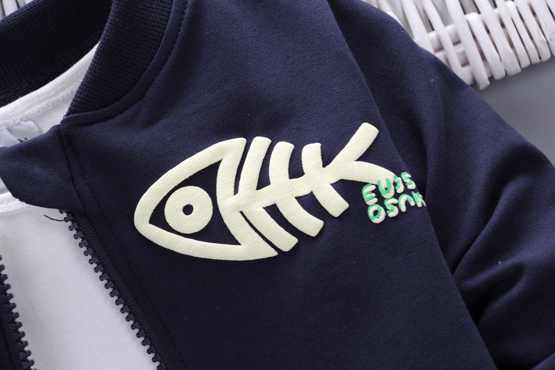 Navy blue toddler casual tracksuit top with white fishbone design and zipper detail