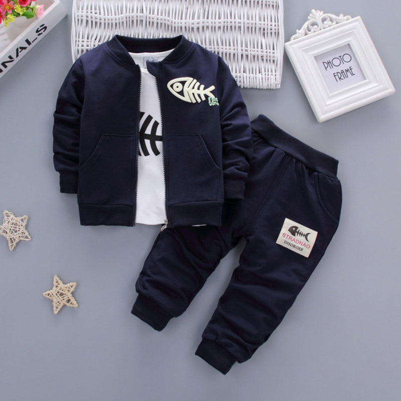 Navy blue toddler casual tracksuit with fishbone design jacket and matching pants with pockets