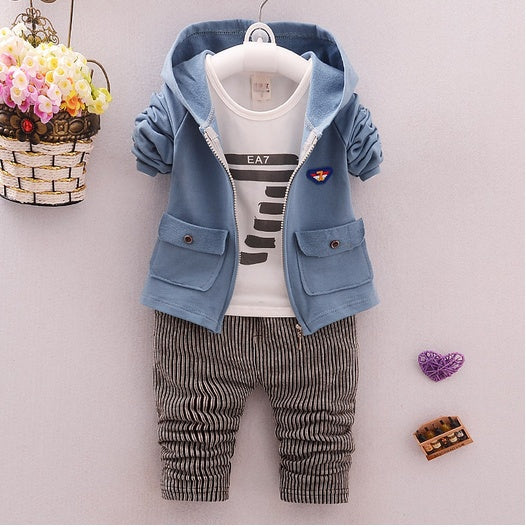 Unisex toddler casual suit with blue hooded jacket, white graphic t-shirt, and striped pants