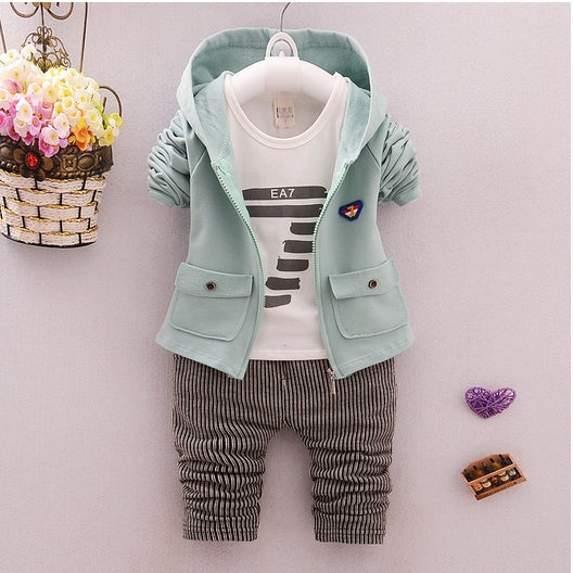 Unisex toddler casual suit with mint green hooded jacket, graphic white t-shirt, and striped pants