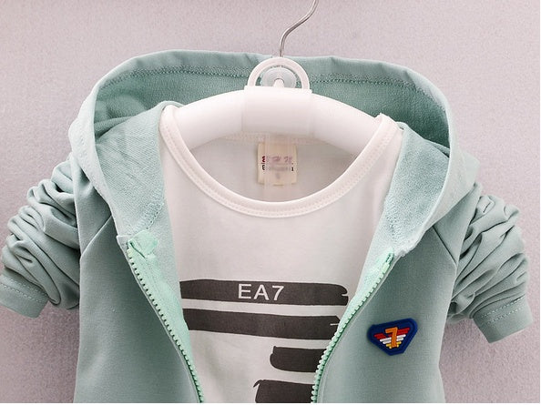 Unisex toddler casual suit with a light green hoodie and white graphic t-shirt