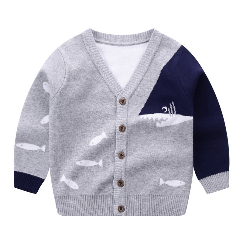 Children's V-neck cardigan in gray with navy sleeve and playful shark and fish design