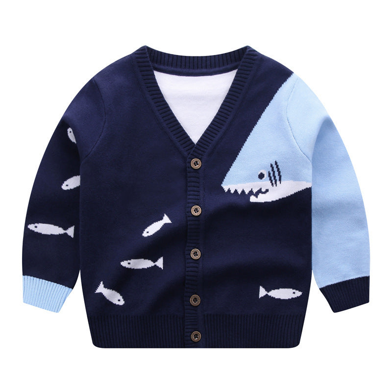 Children's V-neck cardigan navy blue with shark and fish design and button closure