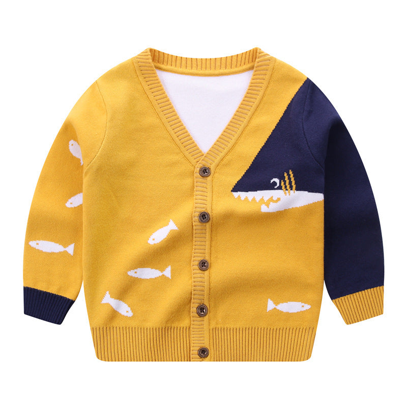 Yellow and navy children's V-neck cardigan with fish pattern and button front closure