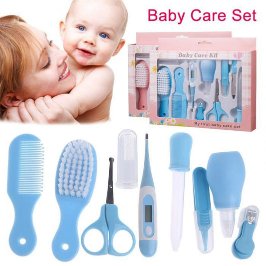 Complete baby grooming set with comb, brush, scissors, digital thermometer, nasal aspirator, and nail clippers in blue