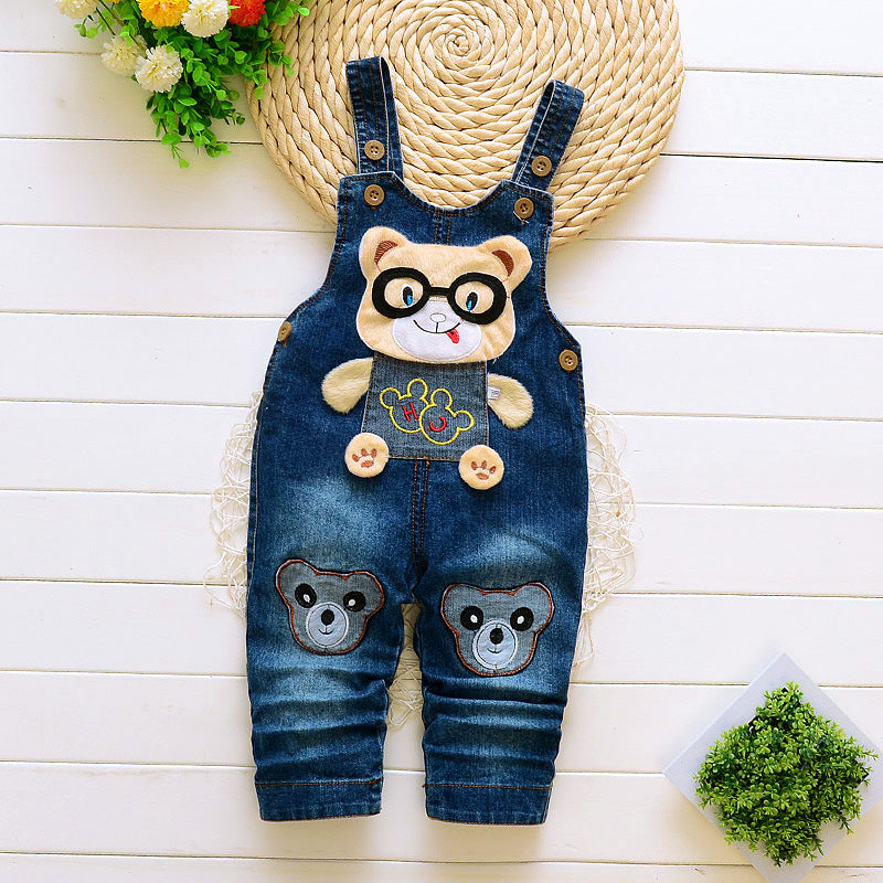 Denim bib jeans for toddlers with cute bear patches and adjustable straps in dark blue wash