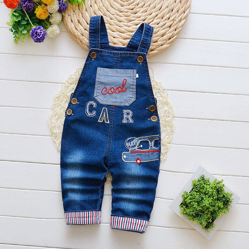Blue denim bib jeans for toddlers with car and cool embroidery and striped cuffs