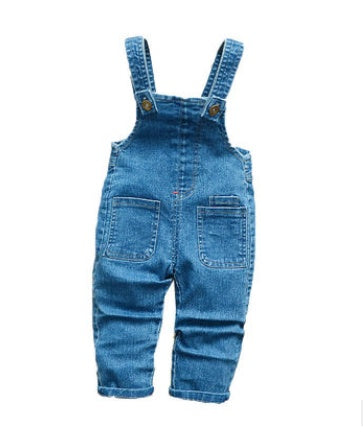 Blue denim bib jeans for toddlers with adjustable straps and front pockets for everyday wear