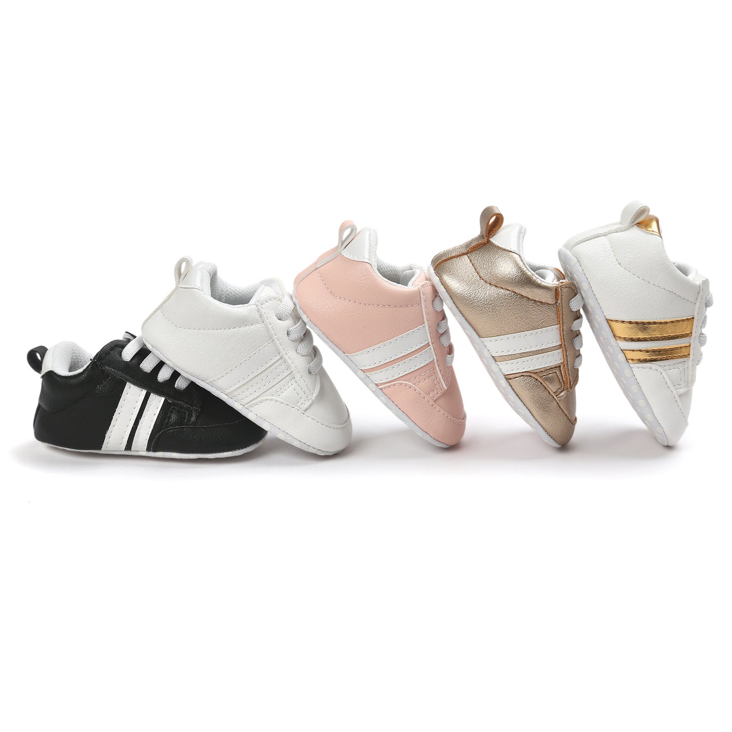 Set of infant moccasin shoes in black, white, pink, gold, and white with gold stripes