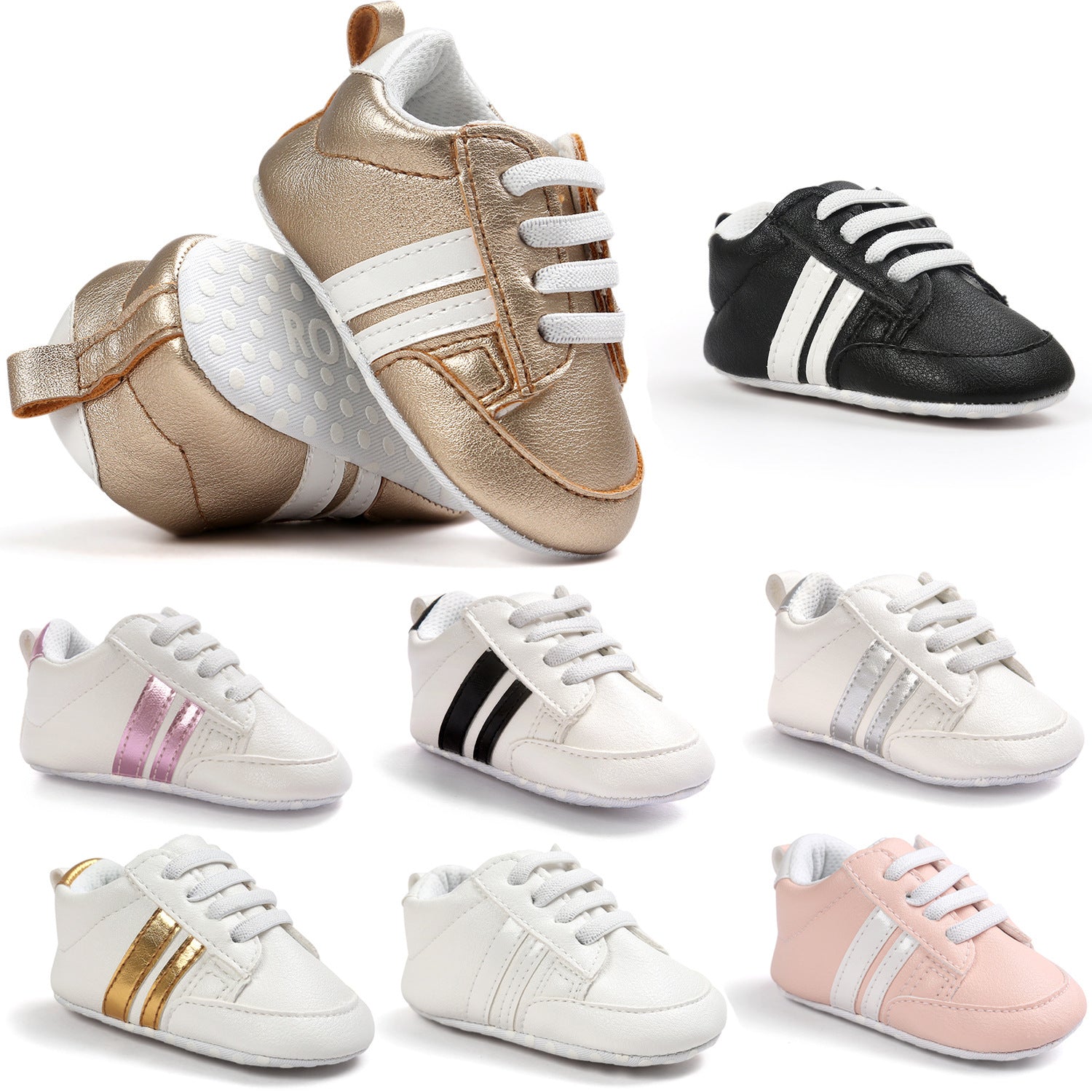 Collection of infant moccasin shoes in various colors including gold, black, white, pink, and metallic stripes