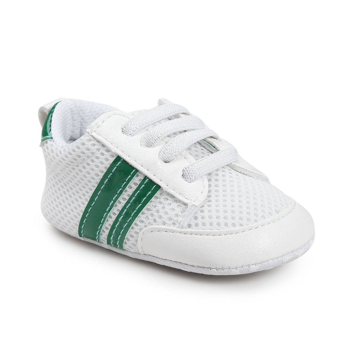 White and green infant moccasin shoes with mesh fabric and soft sole for babies