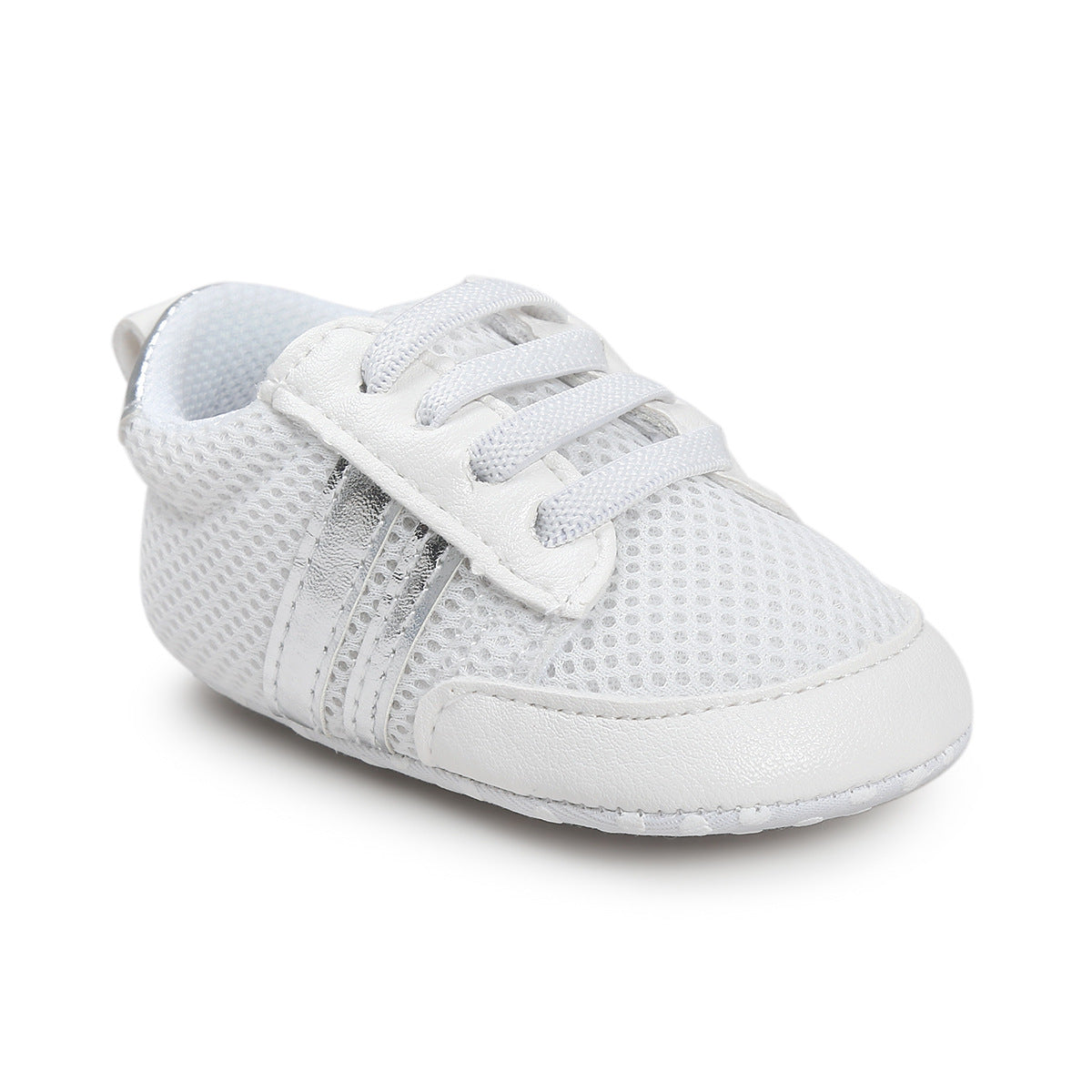 White breathable infant moccasin shoes with lace-up design and silver stripe detailing
