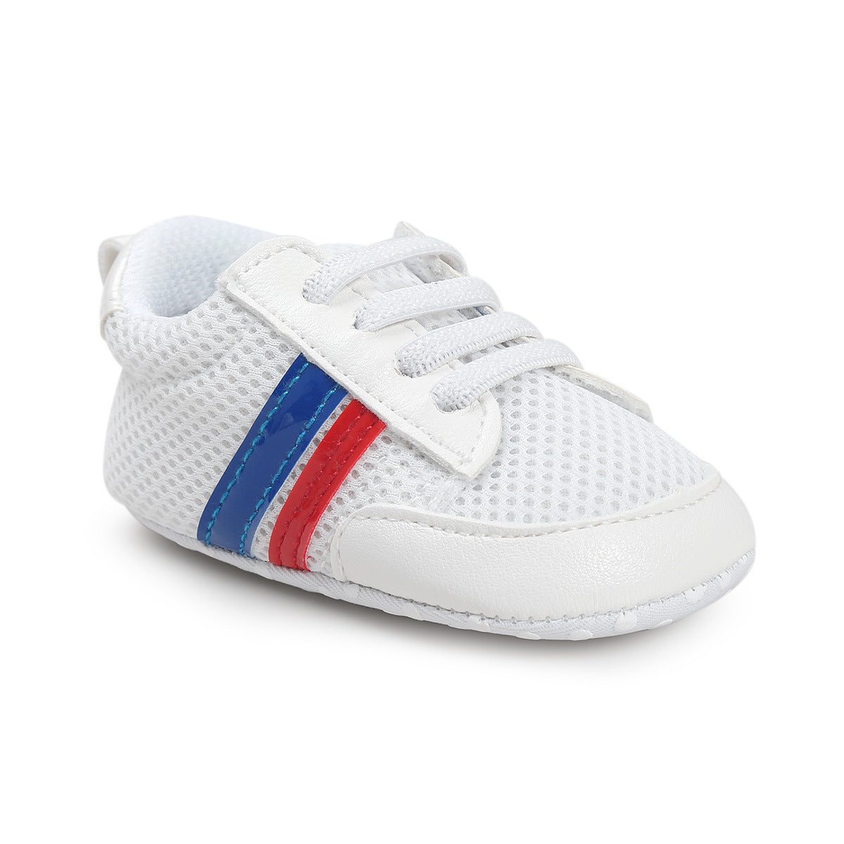 White infant moccasin shoes with blue and red stripes and breathable mesh design