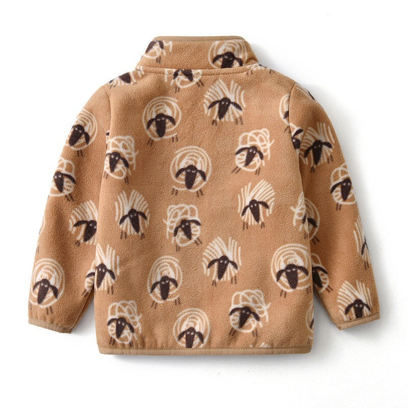 Brown fleece warm baby coat for winter with playful sheep pattern on back and long sleeves