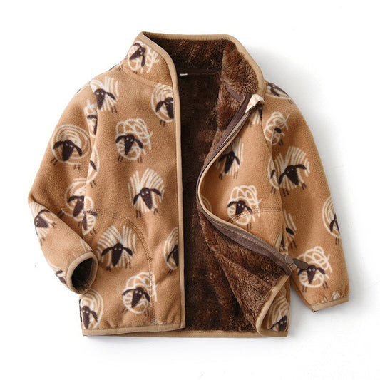 Warm baby coat for winter with brown fleece lining and animal print design for toddlers