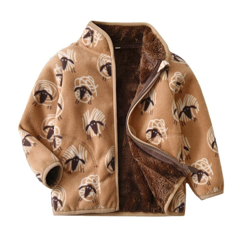 Warm baby coat for winter with brown sheep pattern and soft plush lining jacket for infants