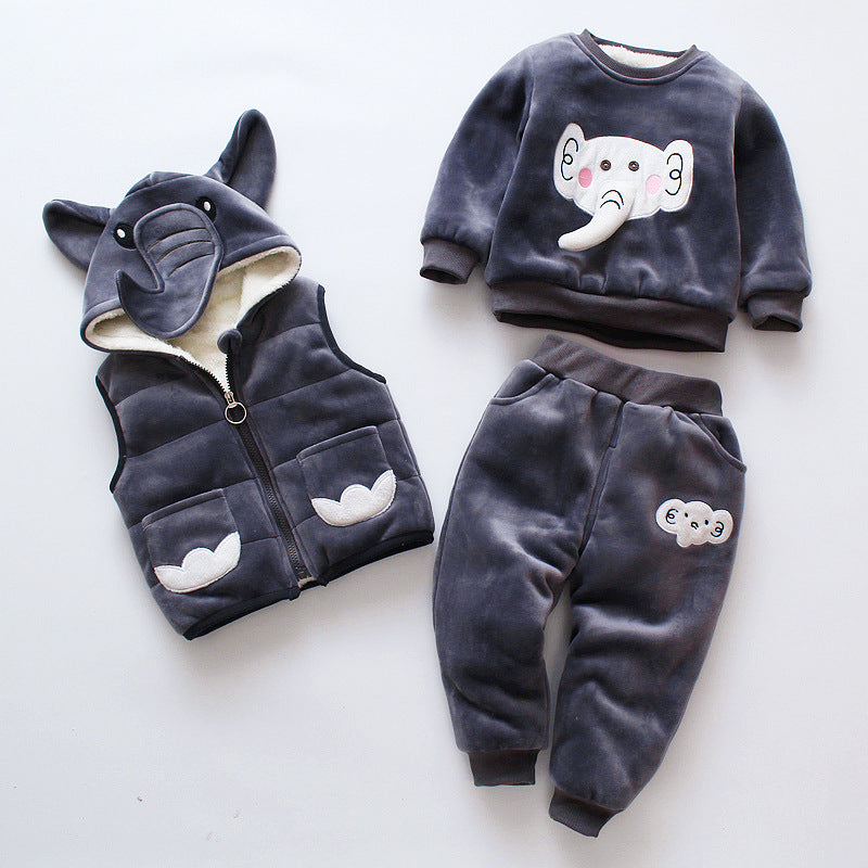 Cozy gray toddler outfit with elephant design including hoodie vest, sweatshirt, and pants warm toddler clothes for winter