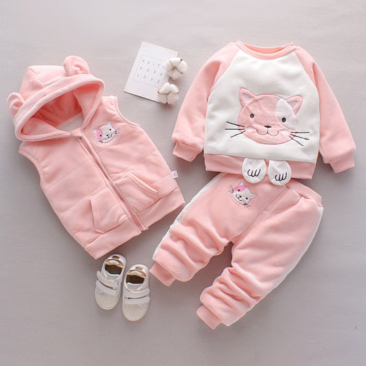 Pink and white toddler outfit with cat design including hoodie, sweatshirt, and pants warm toddler clothes for winter