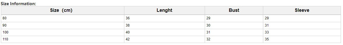Size chart for warm toddler clothes for winter showing length bust and sleeve measurements in centimeters